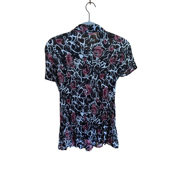 Apt.9 Womens Pleated Button-Down Collared Blouse Black/White/Pink Floral Pattern - Picture 1 of 8